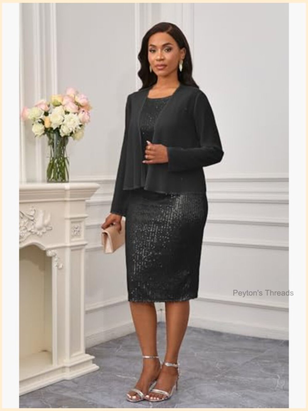 Two Piece Sequin Bodycon Midi Dress with Chiffon Jacket - Picture 5 of 7
